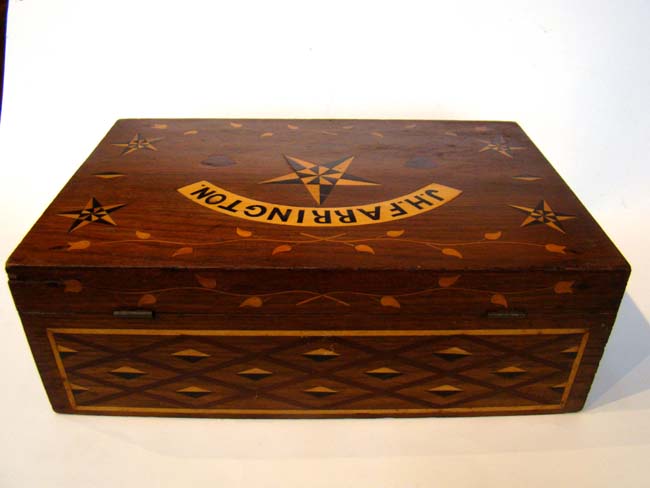 "J H Farrington's" 19th century sailor-made valuables box with fabulous fruitwood inlays — image 3